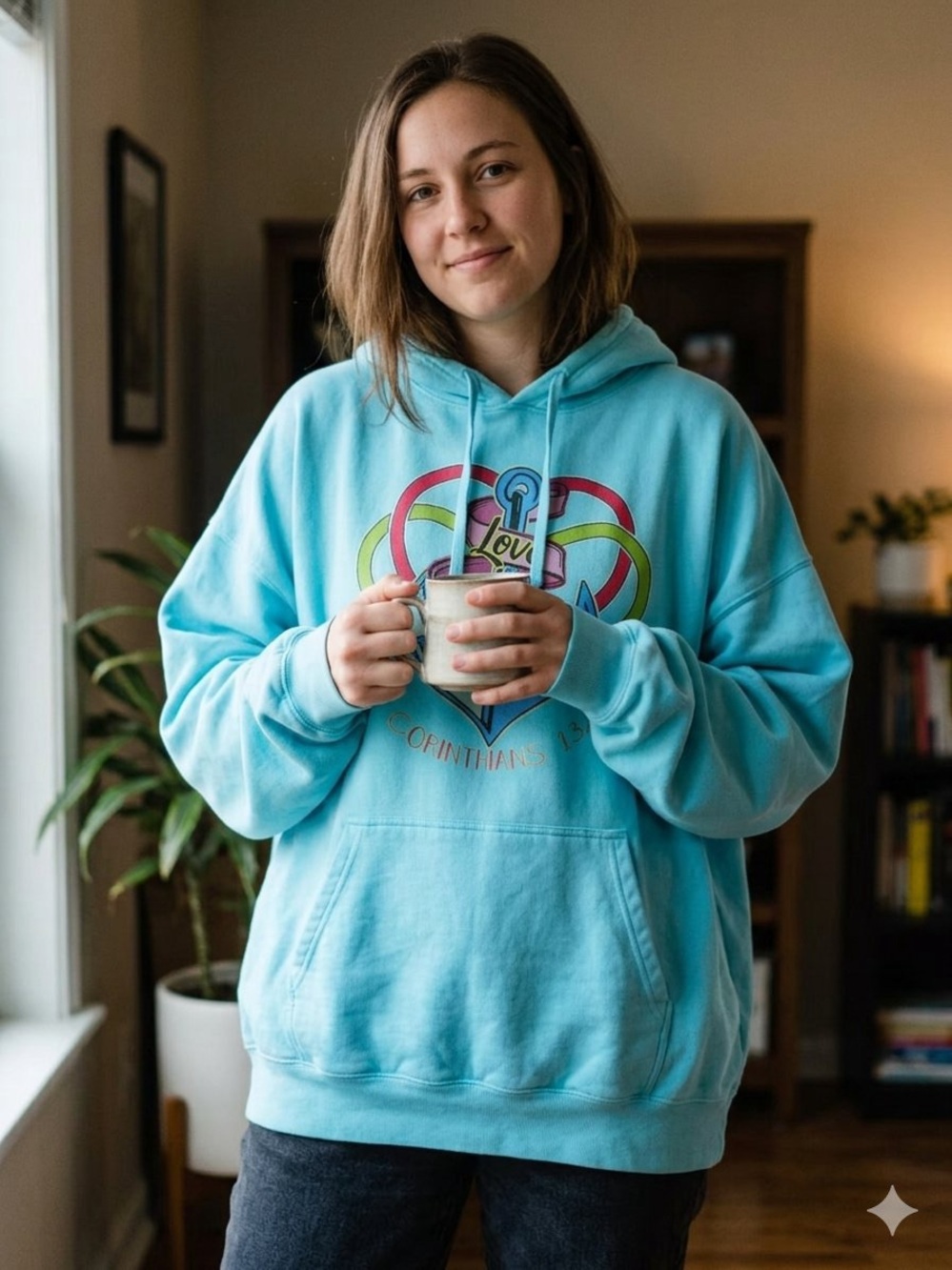 Light Blue Graphic Pullover Hoodie with Heart & Anchor Design